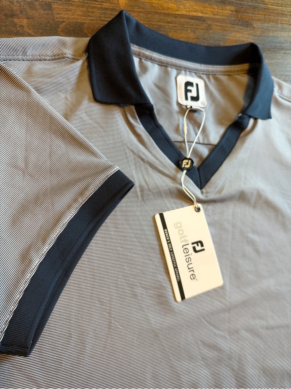 Footjoy Lisle End on End Open Collar Golf Polo Top Women's XL Navy Stiped NWT